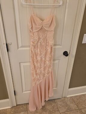 Windsor Blush Lace Ruched Spaghetti-Strap Prom Gown